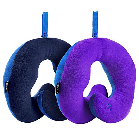 BCOZZY Kids Chin Supporting Travel Pillow- Keeps The Child's Head from Bobbing up and Down in Car Rides- Comfortably Supports The Head, Neck and Chin. Patented. Set of 2, Child Size, Navy Purple
