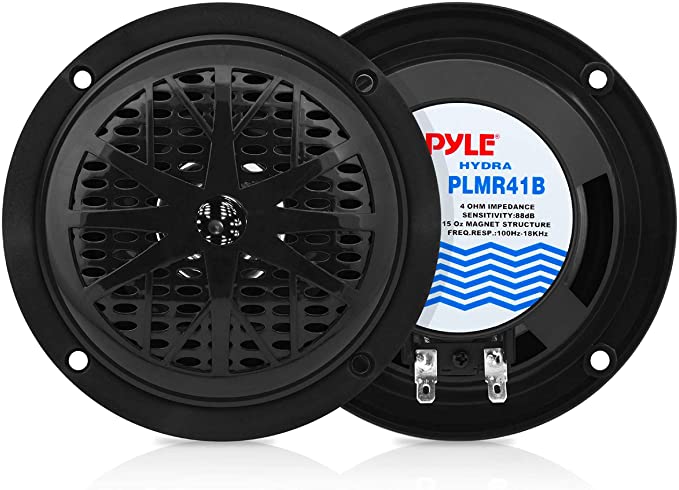 4 Inch Dual Marine Speakers - Waterproof and Weather Resistant Outdoor Audio Stereo Sound System with Polypropylene Cone, Cloth Surround and Low Profile Design - 1 Pair - PLMR41W (Black)