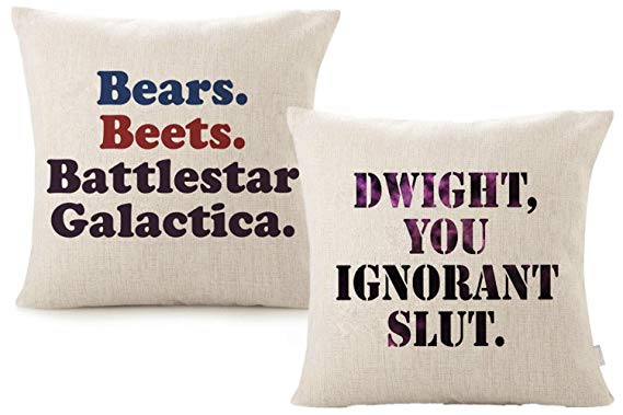 Foozoup Throw Pillow Case The Office Dwight, You Ignorant S. Decorative Farmhouse Style Cotton Linen Cushion Cover with Bears, Beets, Battlestar Galactica Words for Sofa Couch 18 x 18 Inch