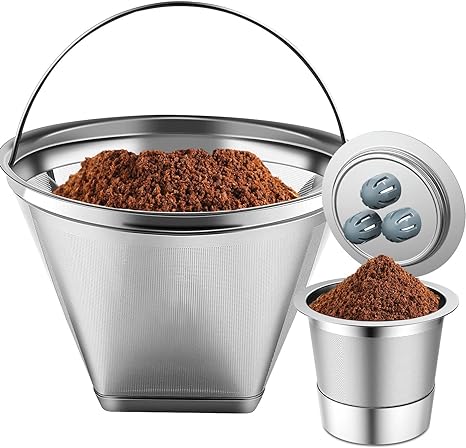 Stainless Steel Reusable Coffee Filter Compatible with Ninja Dual Brew Coffee Maker, Reusable Coffee Pods with 4 Cone Coffee Filters, Reusable Coffee Filters for Ninja CFP201 CFP300 CFP301 CFP307