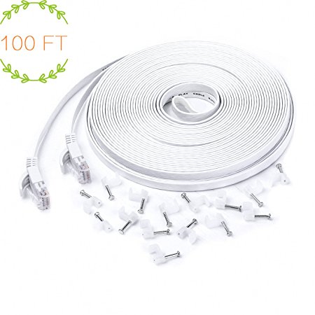 Cat 6 Ethernet Cable white 100ft (At a Cat5e Price but Higher Bandwidth) Flat Internet Network Cable - Cat6 Ethernet Patch Cable Short - Cat6 Computer Cable With Snagless RJ45 Connectors