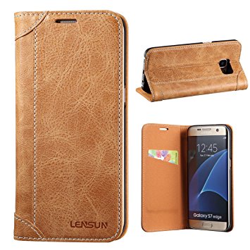 Galaxy S7 Edge Case, Lensun Genuine Leather Wallet Magnetic Flip Case Cover for Samsung Galaxy S7 Edge 5.5" - Brown (S7E-DX-BN)