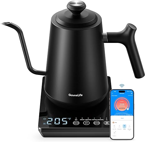 GoveeLife Smart Electric Gooseneck Kettle with LED Display, WiFi Kettle with 5 Variable Presets & Precise Temperature Control, Compatible with Alexa, 0.8L, Auto Shut Off, Stainless Steel, Matte Black