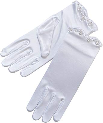 ZaZa Bridal Stretch Satin Gloves for Girl w/Scalloped Trim & Pearl Accents