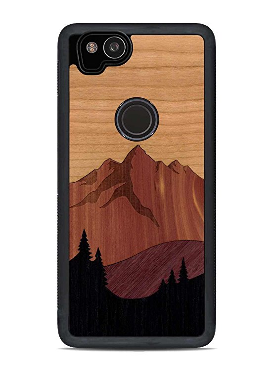 Carved | Google Pixel 2 | Luxury Protective Traveler Case | Unique Real Wooden Phone Cover | Rubber Bumper | Mount Bierstadt Inlay