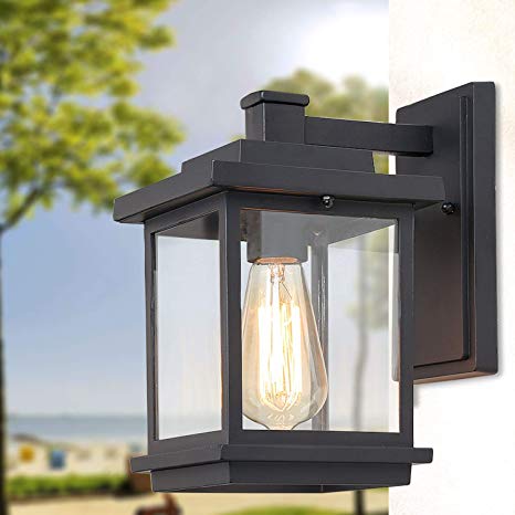 LALUZ Exterior Light Fixtures Farmhouse Outdoor Wall Lantern in Black with Clear Glass for Porch Barn, A03156