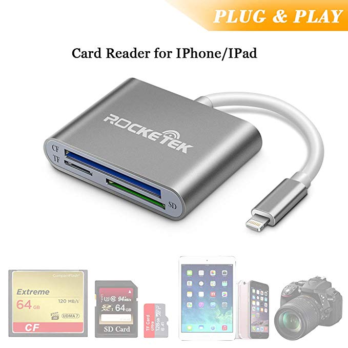 Aluminum 3 in 1 Digital Camera Reader Adapter, Rocketek TF/SD/CF Lighting Card Reader, USB OTG Adapter Cable Compatible with iPhone xs/x/8/7Plus/7s/6/5/iPad Pro/Mini/Air,No App Required Plug and Play