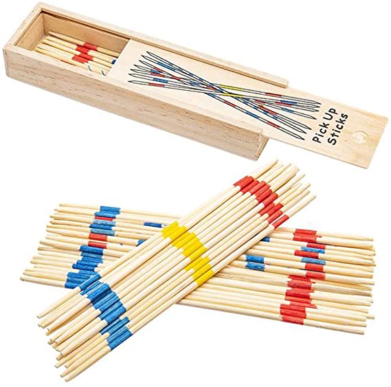 Gamie Wooden Pick Up Sticks Game, 4 Sets in Wood Boxes with Lids, Classic Pickup Sticks Game for Kids, Fun Development Learning Toys for Children, Retro Gifts and Party Favors