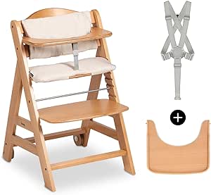 hauck Beta Plus Trona Evolutiva Madera con Certificado FSC® Cojín y Bandeja, Trona Bebe Evolutiva a partir de 6 Meses con Arnés de Seguridad y Ruedas, Sistema Antivuelco, Natural