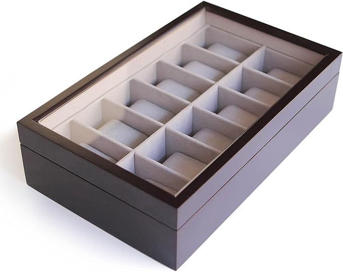 Case Elegance Solid Espresso 12 Slot Wood Watch Box Organizer with Glass Display Top by