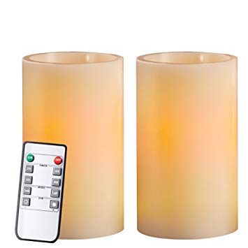 Homemory 5" Real Wax Flameless Flickering Candles Battery Operated LED Pillar Candles, with Remote Control & Convenient Timer for Wedding, Party, Festival (Pack of 2, Ivory)