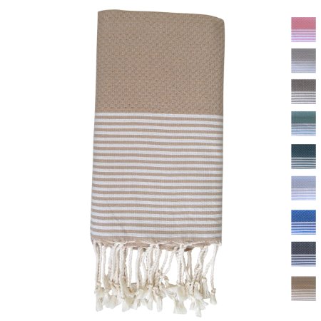 FFsense Fouta Turkish Towel Bath and Beach Towels Beige  White Stripes