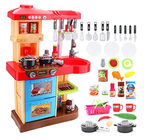 deAO Toddler Kitchen Playset "My Little Chef" With 30 Accessories Role Playing Game in RED