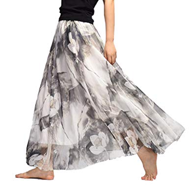Elonglin Womens Chiffon Maxi Skirt Floral Printing with Lining Beach Skirt