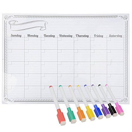 Magnetic Refrigerator Whiteboard, Calendar Monthly Planner, Dry Erase Board, For Kitchen Fridge with 8 color Magnetic Markers (16inchx12inch, Horizontal FLAT PACK) …