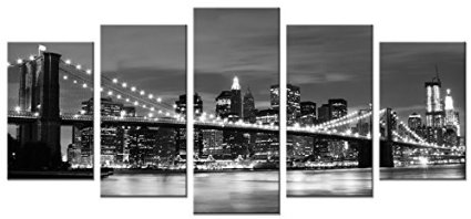 Wieco Art - Broooklyn Bridge Night View 5 Panels Modern Landscape Artwork Canvas Prints Abstract Pictures Sensation to Photo Paintings on Canvas Wall Art for Home Decorations Wall Decor