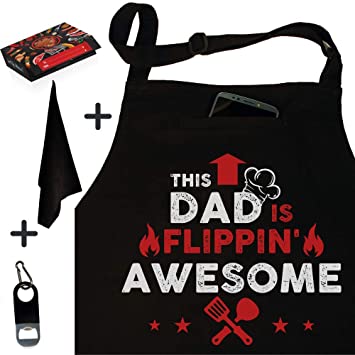 West End Warehouse Dad BBQ Apron, Funny Apron, Grill Apron, Chef Apron, Black Kitchen Apron with 3 Pockets, Bottle Opener, Towel and Gift Box Included, 100% Cotton Durable Professional Quality