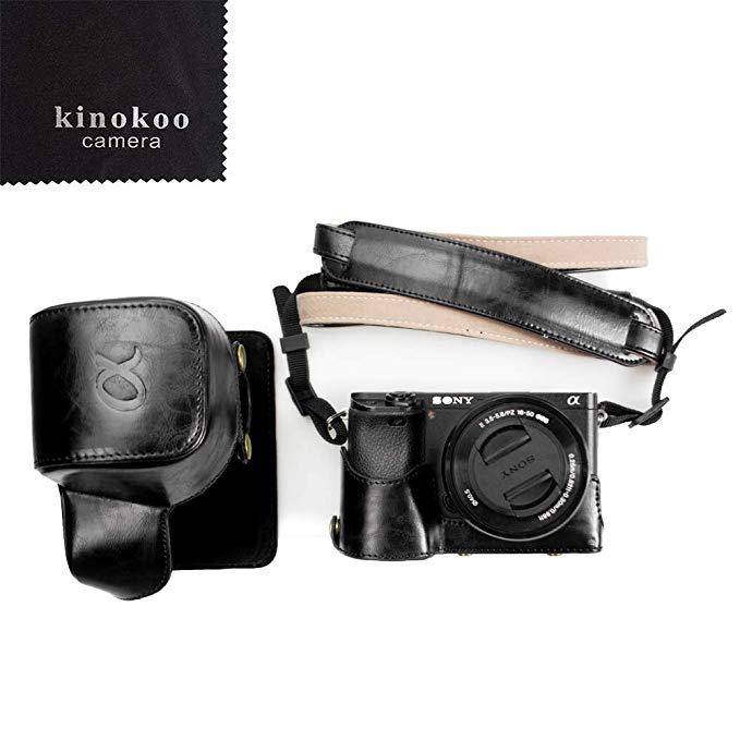 kinokoo Canon PU Leather Camera Case for Sony A6300 A6000 and 16-50mm Lens with Shoulder Strap,Storage Bag and Cleaning Cloth(Black)