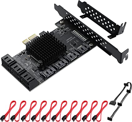 MZHOU PCI-E 1X Interface 3.0 10 Port SATA Card with 10 SATA Cables & SATA Power Splitter Cable and Low Profile Bracket - 6Gbps SATA 3.0 PCIe Card,Support 10 Port SATA 3.0 Devices