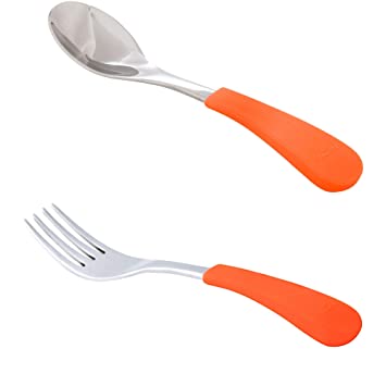 Avanchy Baby Fork   Spoon Set | First Stage Stainless Steel, Soft Silicone Handle Baby Spoons, Training Spoon, Gift Set for Baby (Orange)
