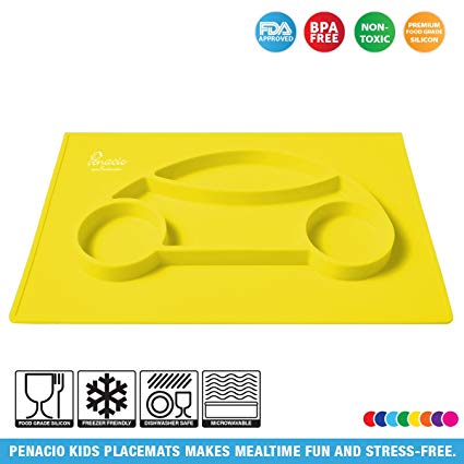 Premium Silicone Car Shaped Placement Mats By Penacio - Mealtime Placemats Suitable For Babies & Toddlers - Antibacterial & Easy To Clean Food Grade Silicone - BPA Free & FDA Approved (Yellow)