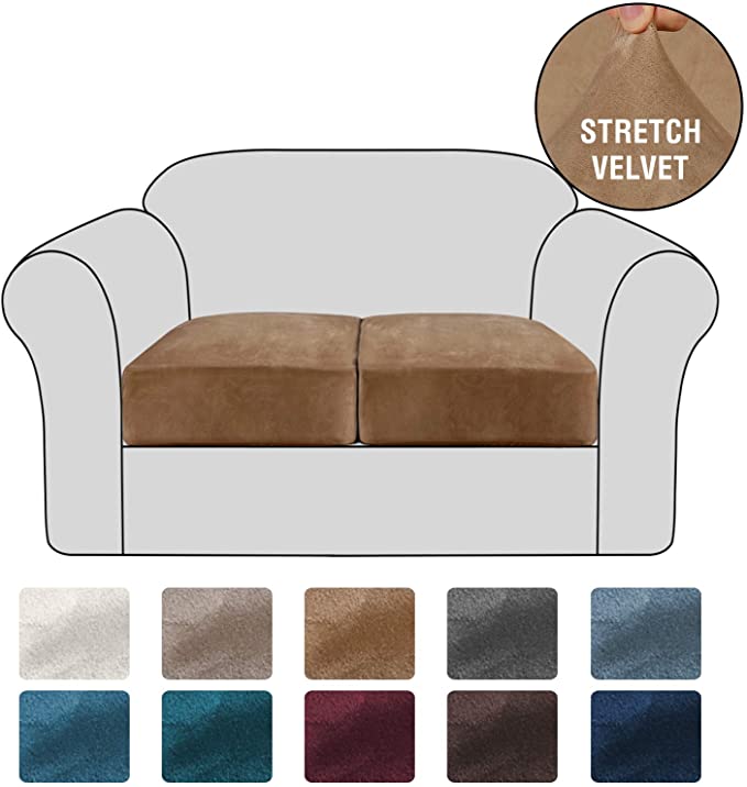 H.VERSAILTEX Velvet Stretch Couch Cushion Cover Plush Cushion Slipcover for Chair Loveseat Sofa Cushion Furniture Protector Seat Cushion Sofa Cover with Elastic Bottom Washable (2 Packs, Camel)