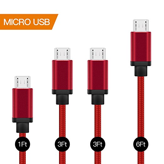 Micro USB Charger Cable, Benicabe 4 Pack (1ft, 2x3ft, 6ft) Nylon Braided Micro USB Fast Charging Cord for Samsung Galaxy S7 Edge/S7 S6, Nexus, Sony, Nokia, Android charger and More (Red)