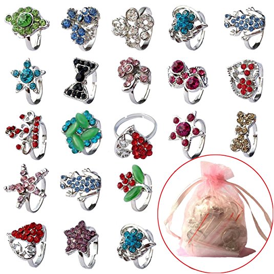 Fly-love® 20pcs Kids Crystal Silver Plated Children Girls Rings Adjustable Jewelry