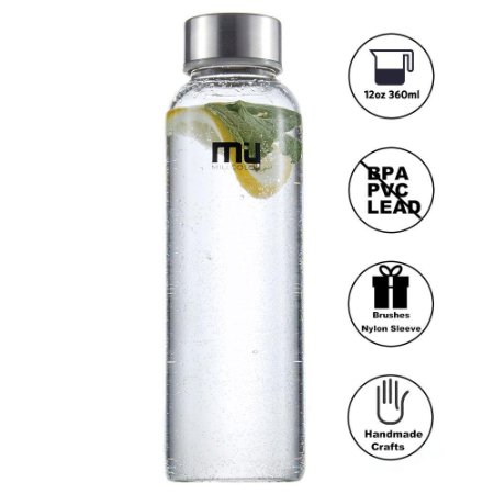 MIU COLOR® 12 oz Glass Water Bottle - Eco-friendly Borosilicate Glass, No BPA, PVC and Lead, with Portable Nylon Sleeve, Bottle Brush, for Outdoor, Running, Bike, Car, Travel