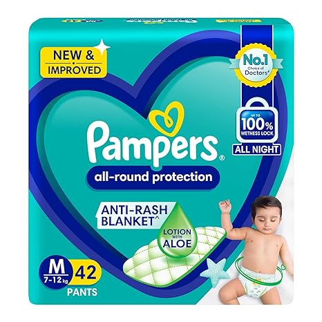 Pampers All round Protection Pants, Medium size baby diapers (MD) 42 Count, Anti Rash diapers, Lotion with Aloe Vera