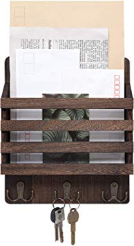 Mkono Mail Sorter Organizer Wood Key Holder Organizer, Rustic Wall Mail Holder with 3 Key Hook Rack, Wall Mount Letter Bills Magazine Coats Organizer for Home Entryroom, Office,Brown