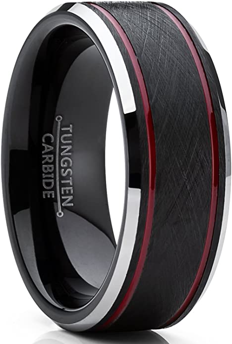 Tungsten Carbide Men's Black Brushed Textured Center Wedding Band Engagement Ring 8 mm Comfort Fit