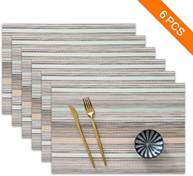 sayopin Place Mats Set of 6 Heat Insulation Stain Resistant Placemats for Dining Table Durable Cross Weave Woven Vinyl Kitchen Table Mats Placemat (Blue Stripes-6)