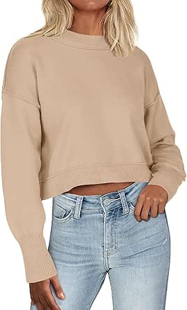 Zeagoo Womens 2024 Fall Crewneck Cropped Sweater Cozy Long Sleeve Ribbed Knit Pullover Dropped Shoulders Trendy Jumper Tops