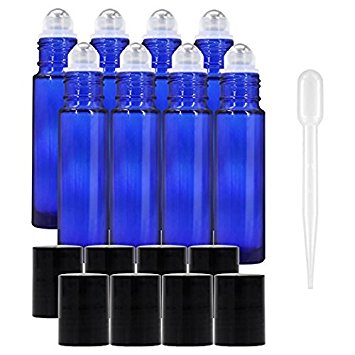 Glass Roller Bottles - 10ml, Pack of 8, Cobalt Blue by Proteove, Stainless Steel Roller Balls and Droppers Included