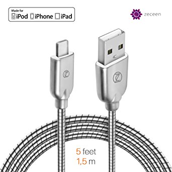 ZECEEN Metal USB Lightning Cable – Fast Charging & Data Transfer Cable (5 ft) – Almost Unbreakable – Bending & Weather Resistant – Compatible with iPhone 7/6s/6/5s/SE, iPad Pro/Air/Mini