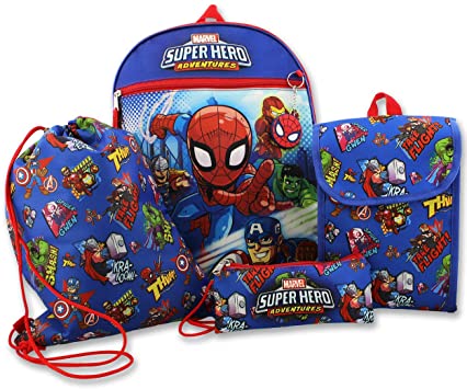 Super Hero Adventures Boys 5 piece Backpack and Snack Bag School Set (One Size, Blue/Red)