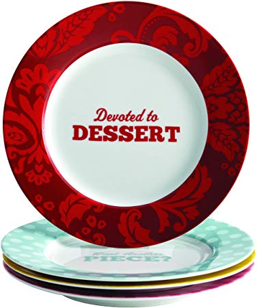 Cake Boss Serveware 4-Piece Porcelain Dessert Plate Set, "Patterns & Quotes," Print