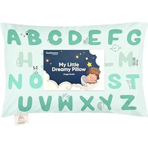 Toddler Pillow with Pillowcase - 13x18 My Little Dreamy Pillow, Organic Cotton Toddler Pillows for Sleeping, Kids Pillow, Travel Pillows, Mini Pillow, Nursery Pillow, Toddler Bed Pillow (KeaABC Mint)