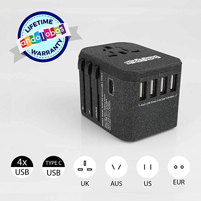ANDOLOBOS Travel Adapter-All in One Worldwide International 4 USB Type C Charger AC Plug Adapter with 5.6A Smart Power 3.0A USB Type-C For USA EU UK AUS Asia Cell Phone Tablet Laptop