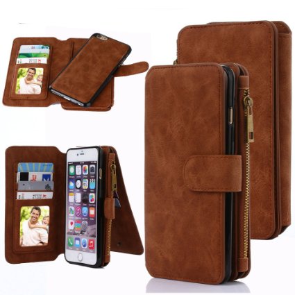 iPhone 6S Plus Case, CaseUp 12 Card Slot Series - [Zipper Cash Storage] Premium Flip PU Leather Wallet Case Cover With Detachable Magnetic Hard Case For iPhone 6S Plus/ 6 Plus (5.5 Inch), Brown
