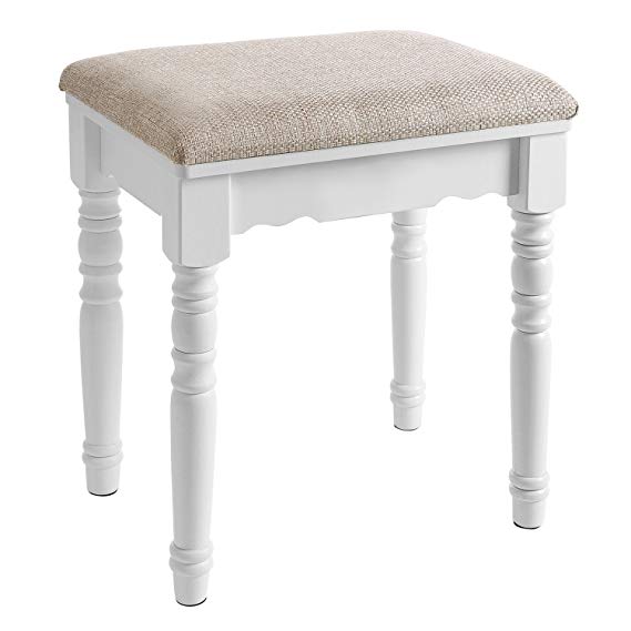 SONGMICS Dressing Bench Comfortable, Padded Vanity Stool, Piano Shoe Bench, with Rubber Wood Legs, Embossed Rose, White RDS06WT