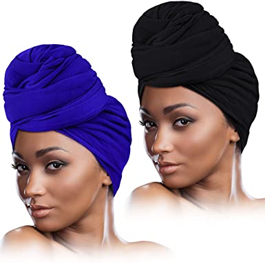 2 Pieces Stretch Head Wrap Scarf Stretchy Turban Long Hair Scarf Wrap Solid Color Soft Head Band Tie for Women