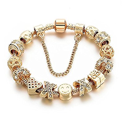 Gold Tone Bracelet Snake Chain Heart Smiley beaded Charm Bracelets Rhinestone Bangles For Women Teen Girls