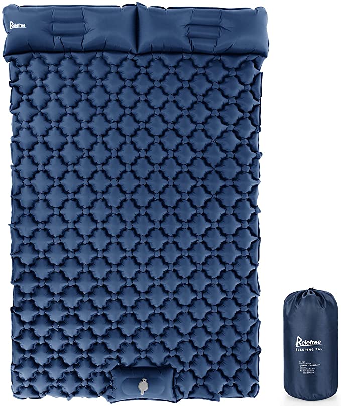 Relefree Self Inflating Double Camping Mat with Foot Pump, 2 People Ultralight Portable Camping Sleeping Mat with Pillow, Waterproof Camping Roll Mat for Hiking Backpacking and Camping (Navy Blue)