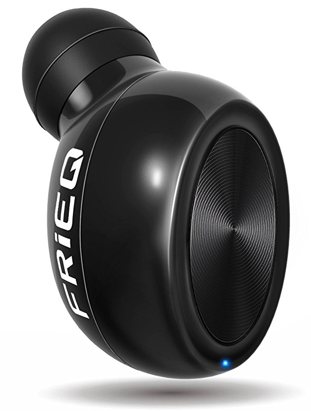 FRiEQ Wireless Earbud with Mic - Compact, Lightweight Car Bluetooth Headset with Magnetic Inductive Charging - Synch with 2 Devices Simultaneously - Up to 6-8 Hours of Battery Life