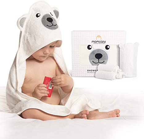 Momcozy Bamboo Hooded Baby Towel, 5-Piece Baby Bath Towels for Boys or Girls, Baby Towel and Washcloth Set with Cute Bear Design, Baby Shower Towel Gift for Newborns, Infants and Toddlers