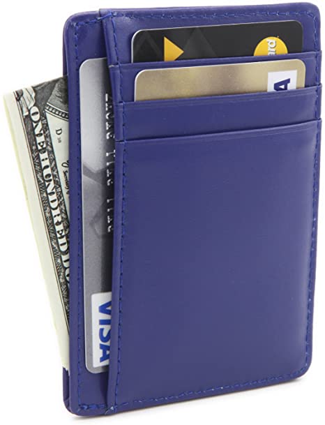 Zhoma RFID Blocking Genuine Leather Wallet Slim Front Pocket Leather Card Holder with ID Window - Navy Blue