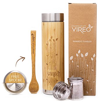 Vireo Stainless Steel Tea Infuser - Bamboo Thermos Travel Mug With Bonus Wooden Spoon | Fruit and Juice Infuser | Eco-friendly Hot Cold Water Bottle (480ml/16.2oz Vacuum Infuser)