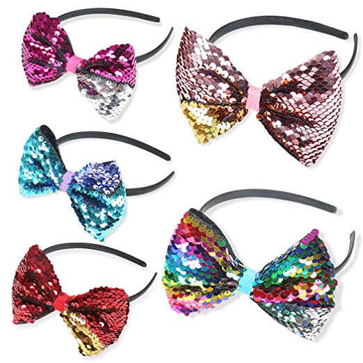 Hixixi 5pcs Women Girls Rainbows Glitter Reversible 5" Sequin Bows with Headband